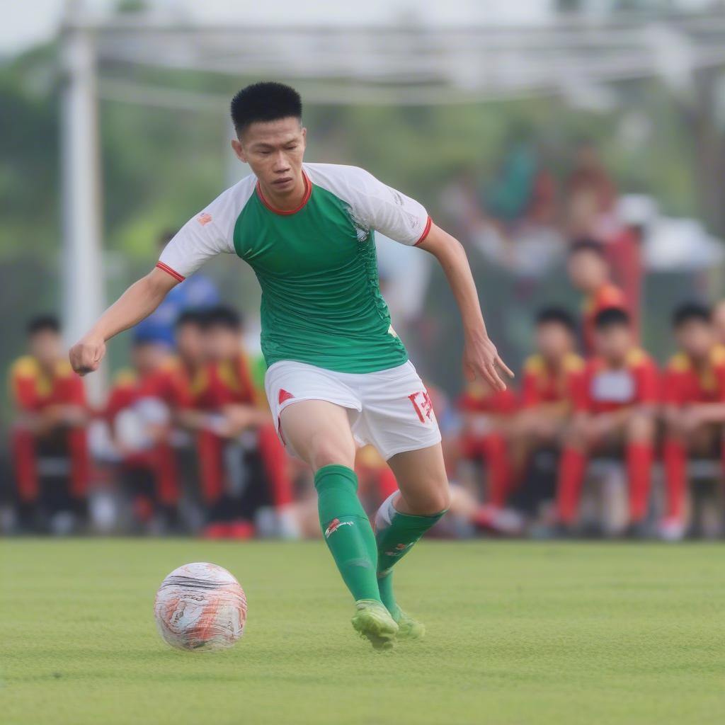 Nguyễn Anh Đức, đội trưởng Becamex Bình Dương 2018, trong một pha tranh chấp bóng.