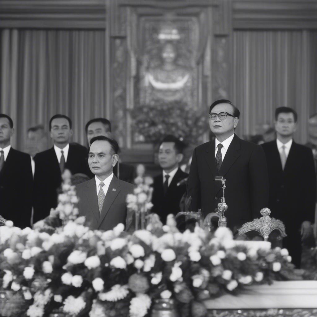 Chủ tịch Nouhak Phoumsavanh trong một buổi lễ trang trọng - Hình ảnh chụp Chủ tịch Nouhak Phoumsavanh tại một sự kiện chính thức, có thể là trong một bài phát biểu hoặc lễ kỷ niệm.