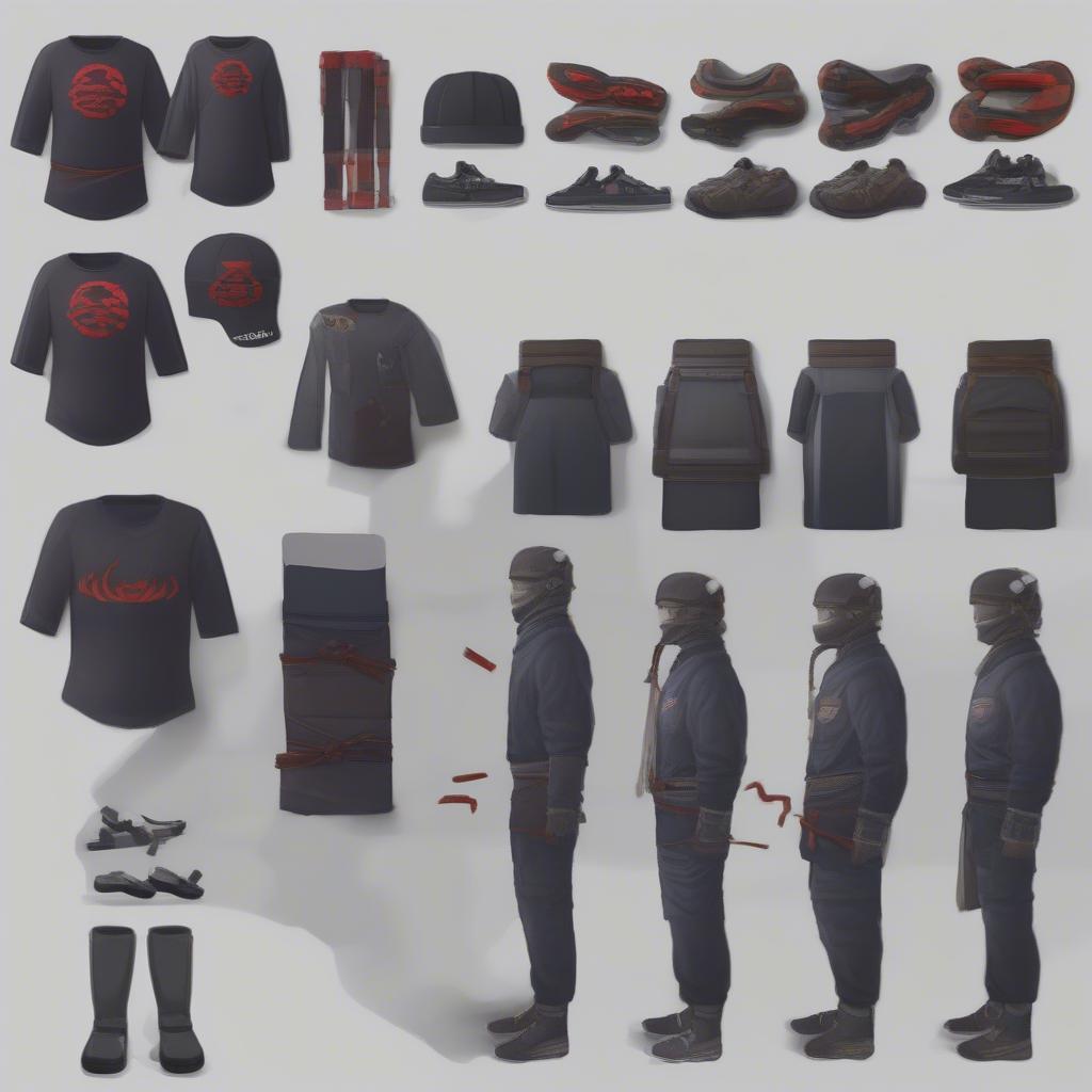 Danh sách trang bị ninja school bao gồm áo, quần, giày, mũ...