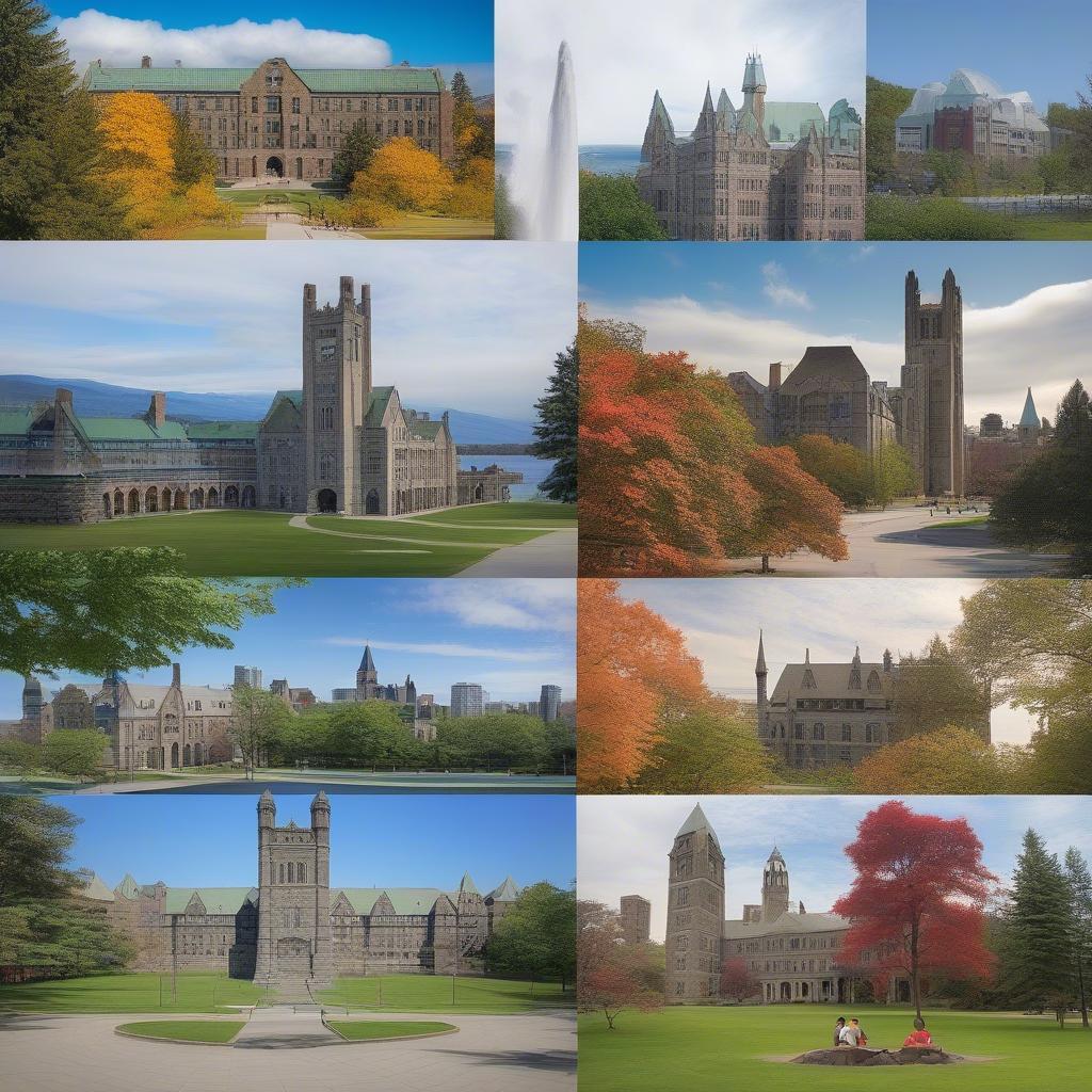 Danh sách các trường đại học hàng đầu Canada: Hình ảnh minh họa về các trường đại học nổi tiếng ở Canada, bao gồm University of Toronto, McGill University, University of British Columbia, và những cảnh quan đặc trưng của Canada.