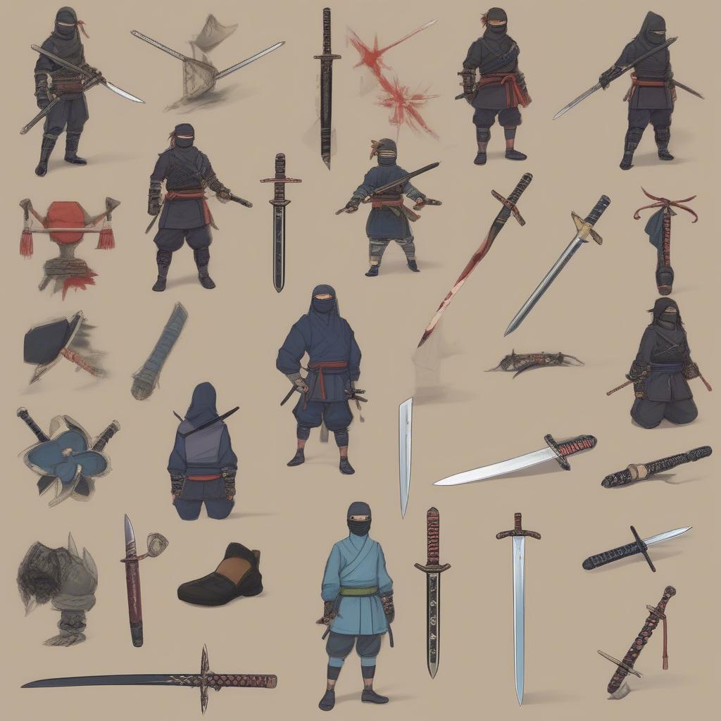Danh sách vũ khí ninja school gồm kiếm, kunai, shuriken, đao...