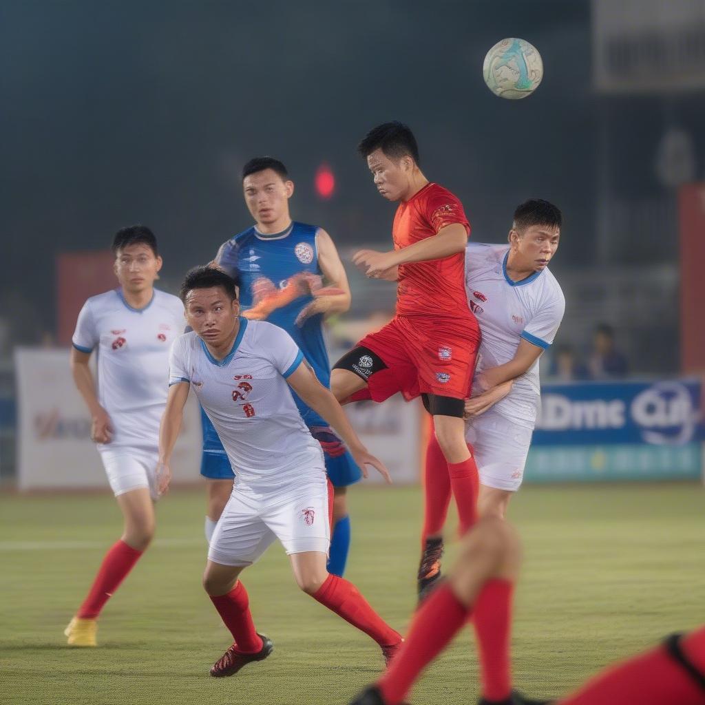 Hàng phòng ngự Becamex Bình Dương 2018 đang ngăn chặn đối phương.