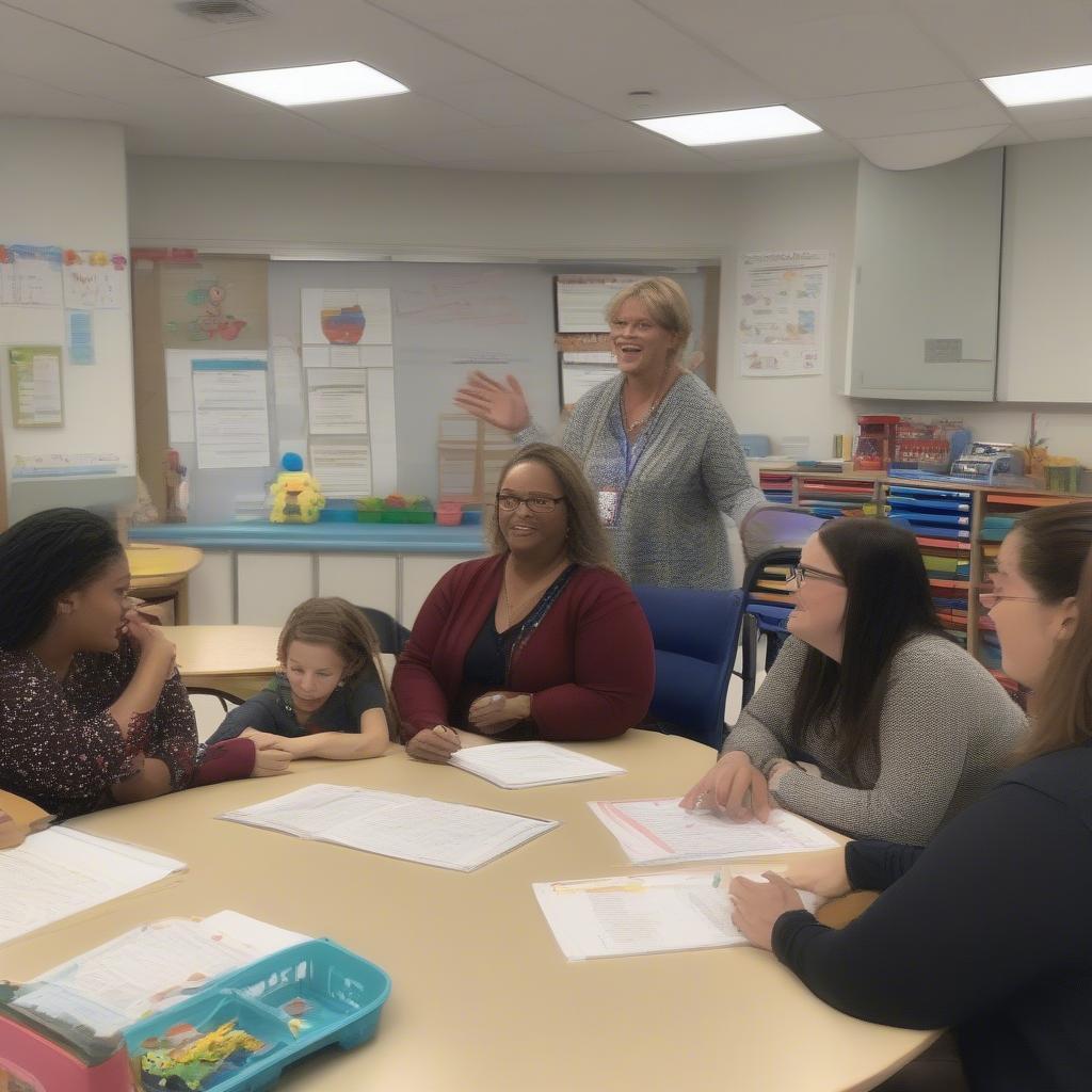 Kindergarten principal discussing with teachers
