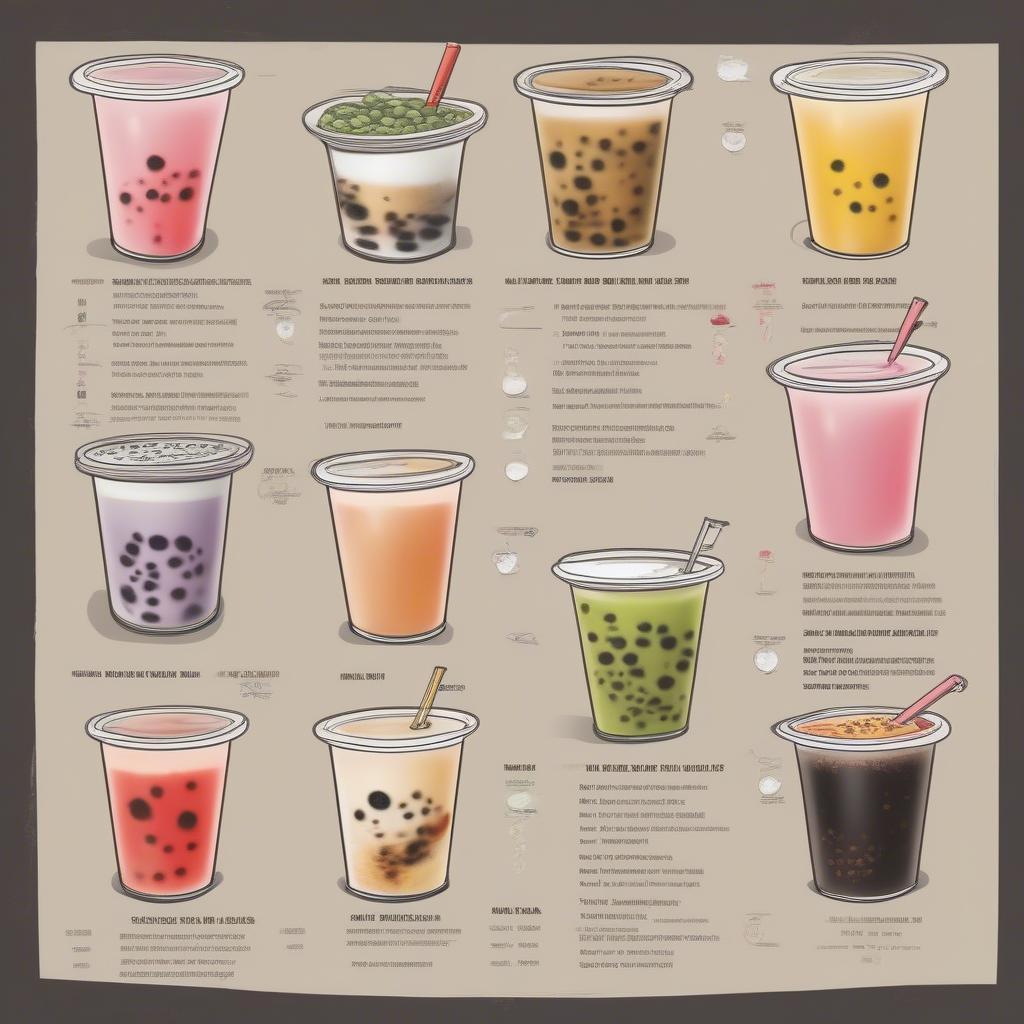 Menu trà sữa hấp dẫn với nhiều lựa chọn về hương vị và topping.