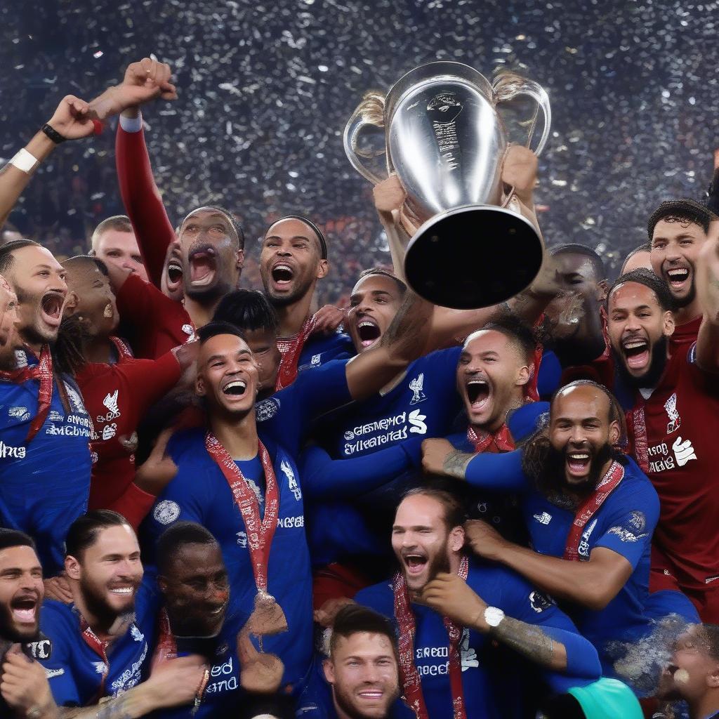 Virgil van Dijk ăn mừng chức vô địch Champions League cùng đồng đội