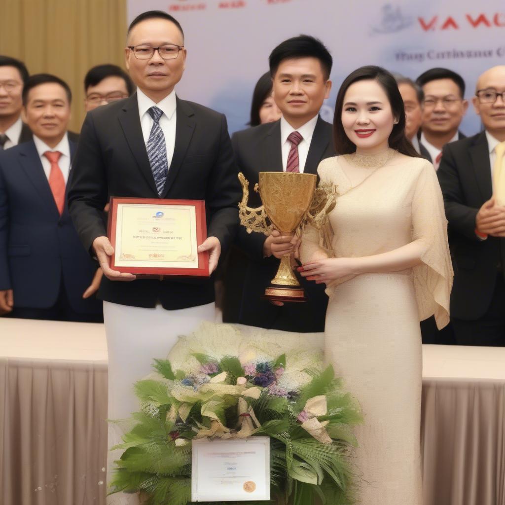Ý Nghĩa Giải Thưởng Sao Vàng Đất Việt - Hình ảnh lễ trao giải Sao Vàng Đất Việt, tập trung vào khoảnh khắc trao cúp và chứng nhận cho doanh nghiệp đạt giải, thể hiện niềm tự hào và vinh dự.